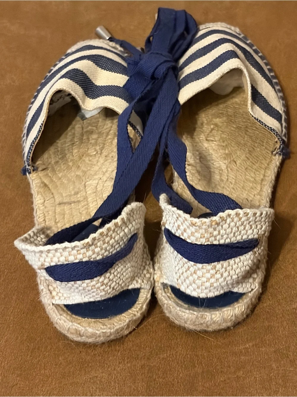 Romena Navy & White Striped Espadrille Lace-Up Flats Sz EU 39 runs small US8